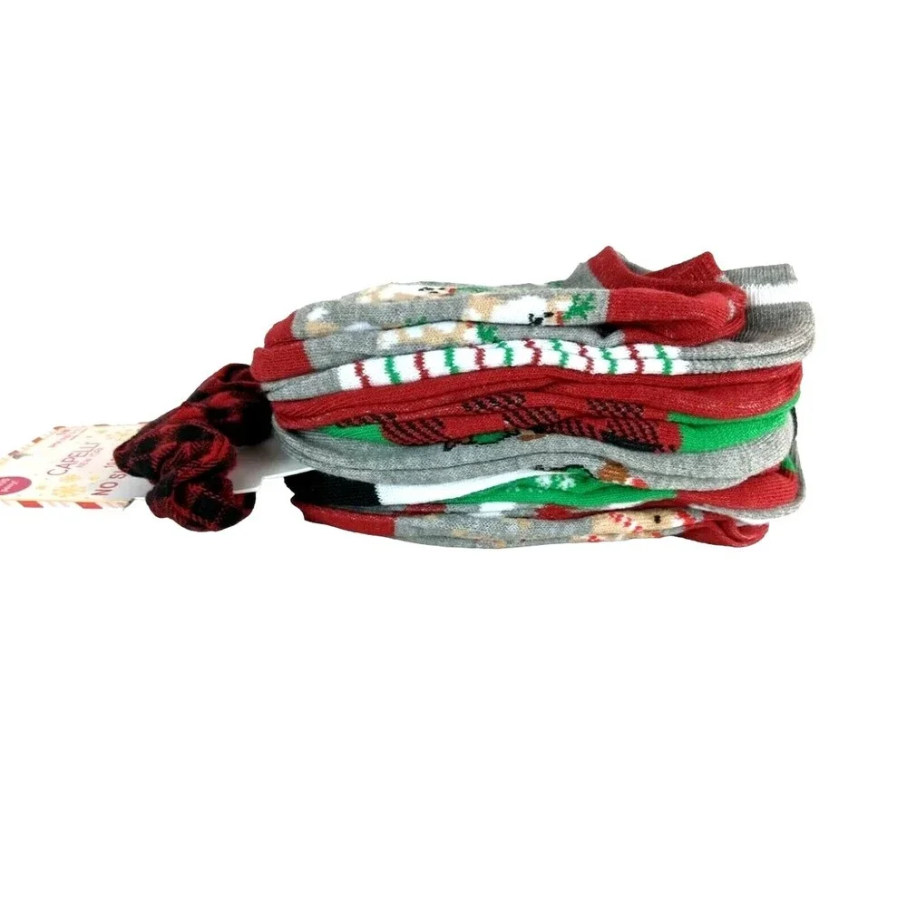 NWT - Capelli NY 10 Pr Girls Christmas Print No Show Socks + Hair Scrunchy  S/M